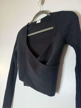 Abercrombie & Fitch Black Ribbed Wrap-Style Long Sleeve Top Size Small